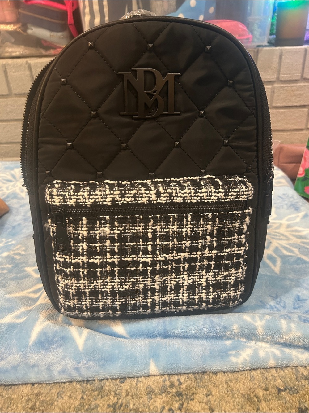 (NWT) Badgley Mischka Black Quilted Mini Backpack with Tweed Front Pocket